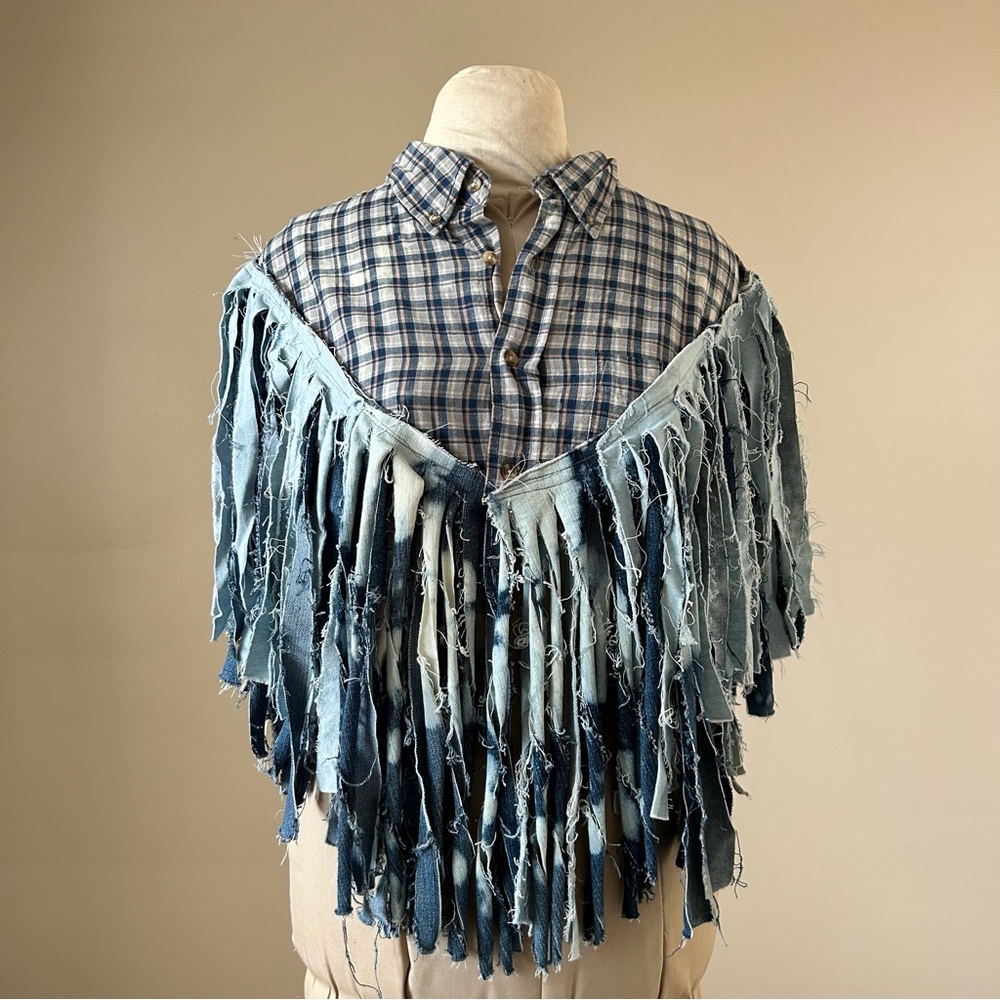 Mason Tone Blue and White Button Down Shawl with Dress Shirt Collar and Fringe